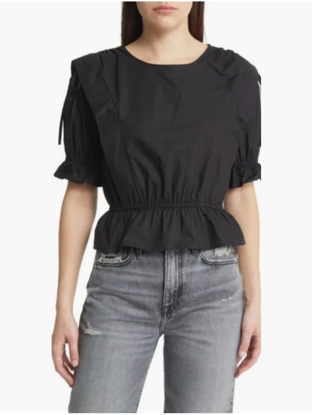 FRAME Cinched Shoulder Organic Cotton Peplum Blouse Size L